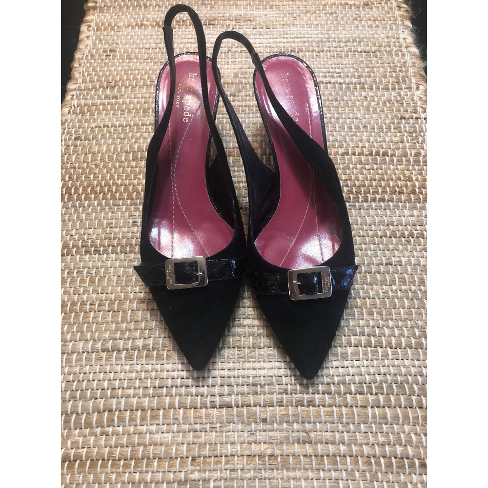 Kate Spade Black Suede Slingback Kitten Heels Gold Logo Buckle 7.5 Made in Italy